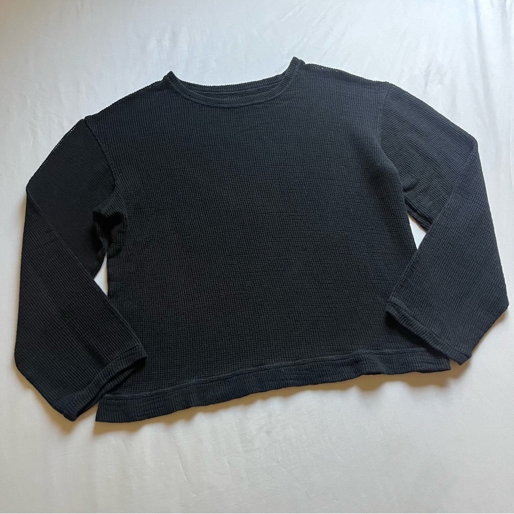 RTA black cotton waffle thermal open knit crew neck‎ boxy cropped sweater top